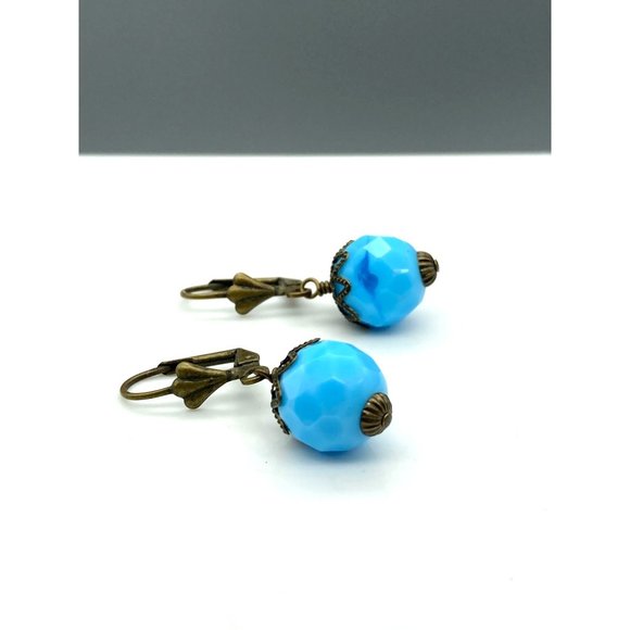 Bright Blue Bead Dangle Earrings, Vintage Bronzed Clip Ons with Art Glass - Picture 2 of 5
